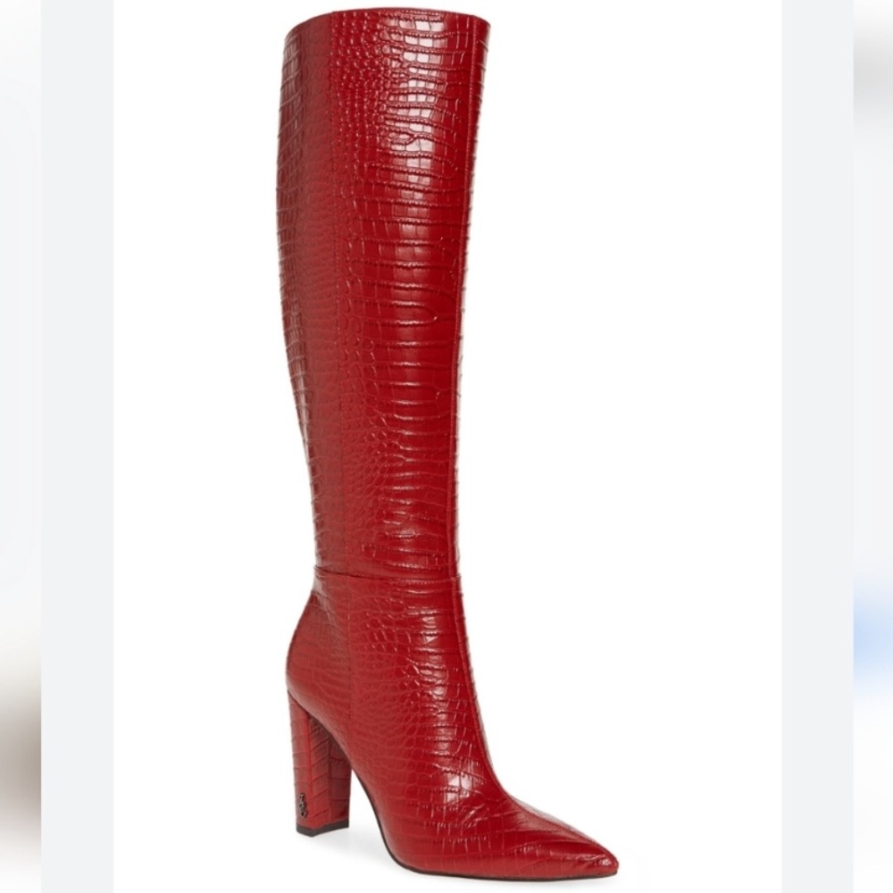 Sam Edelman Raakel Croc-embossed Spiced Red Leather Block Heel Tall Boots